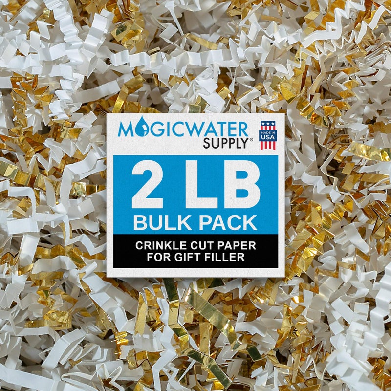 MagicWater Supply MagicWater Crinkle Cut Paper for Gift Baskets - 2LB - White & Gold - Perfect for Shredded Paper Filler, Basket Filler, Gift Boxes, Bridesmaid Gifts, Christmas Stuffers & More â€“ Ideal for All Occasions - Image 1